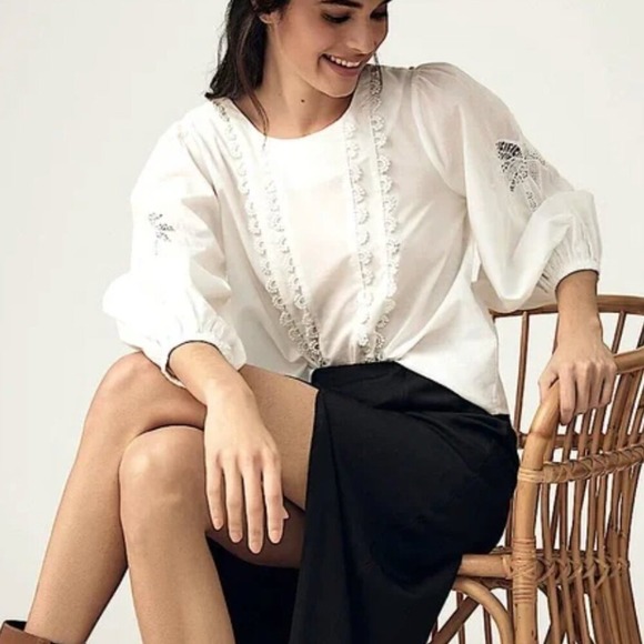 FARM Rio Tops - Farm Rio x Anthropologie White Cotton Puff Sleeve Scoop Neck Lace Top Size M